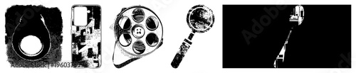 Retro cinema film reel, empty spools, celluloid filmstrip, movie camera lens, analog cinematography, film production equipment, black and white halftone graphic.
