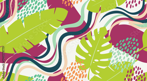 Abstract Tropical Pattern Vector Illustration with Lush Greenery and Dynamic Wavy Lines, Vibrant Colors - Perfect for Digital and Print Designs