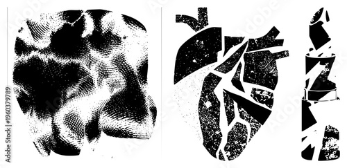 Fragmented anatomical forms rendered in halftone, stylized human organs, graphic medical illustration, vector art, isolated body, textured black shapes.