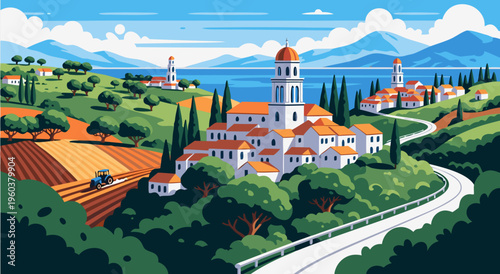 Charming Italian village illustration in vector art, nestled in rolling hills overlooking a serene blue sea and vibrant fields with a tractor