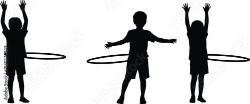 kids hula hoop silhouettes set, children playing outdoor activity poses, fun recreation concept, childhood lifestyle, black white vector illustration collection