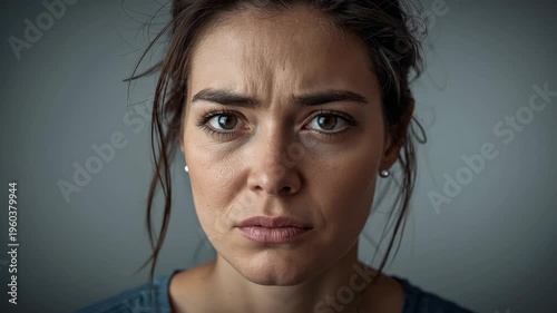 Young woman portrait closeup worried with furrowed brow intense gaze and subtle lighting