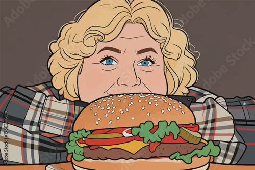 Person excitedly prepares to eat a large burger in a casual setting with a plate on the table during a fun meal time