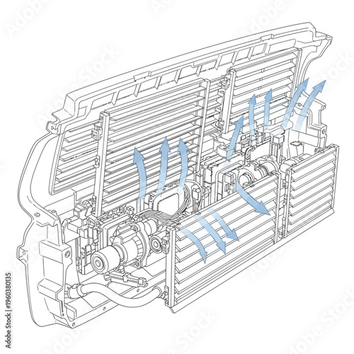 Illustration of an air conditioning system's internal components showing airflow through the condenser and compressor