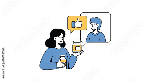 Customer Feedback & Product Review Illustration. Woman receives positive recommendation for product with thumbs up. Online shopping concept.