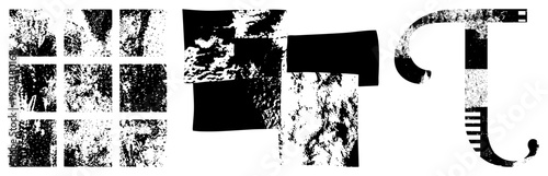 Bold black letterforms with gritty texture, distressed typography, fragmented design, stencil effect, graphic art, typographic collage, urban aesthetic.