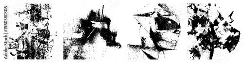 Fragmented angular shapes rendered in stark black and white, halftone dot texture, abstract composition, graphic design element, vector illustration, modern art motif, digital print style.