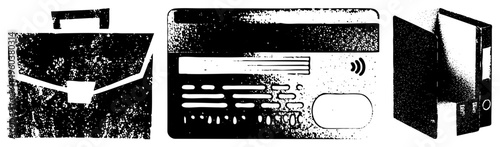 Office tools including briefcase, contactless card reader, and open binder folder, minimalist vector for workflow, finance, or admin tasks.