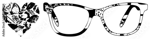 Fashionable eyewear with bold abstract print, paired with grunge style heart motif, trendy optical accessory, graphic vector design, aesthetic.