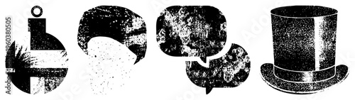 Grunge style holiday ornament with flag, textured speech bubbles, top hat, retro vector graphic, isolated elements, festive design, halftone texture.