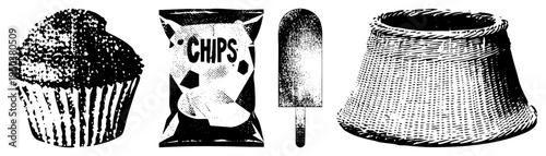 Vintage inspired cupcake, chip bag, popsicle, and woven basket rendered in black and white halftone. Classic snack food with textured vector style, ideal for retro branding or packaging design.