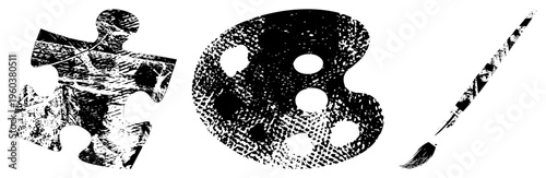 Creative tools for painting puzzle piece, artist’s palette, paintbrush, graphic design elements, art supplies, textured vector, studio essentials.