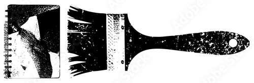 Black and white halftone brush with bristles, spiral bound sketchbook with textured pages, artist tools, graphic design elements, vector illustration assets.