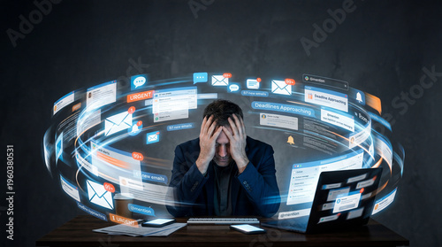 Conceptual image of an exhausted businessman overwhelmed by a swirling storm of digital notifications, emails, and information overload.