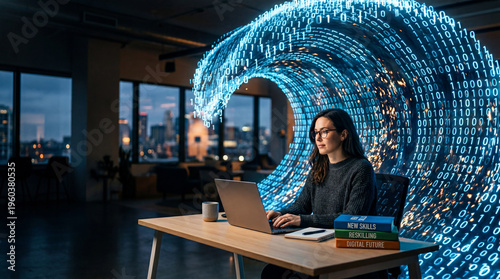 Conceptual image of a creative professional facing a binary code wave while reskilling for AI.