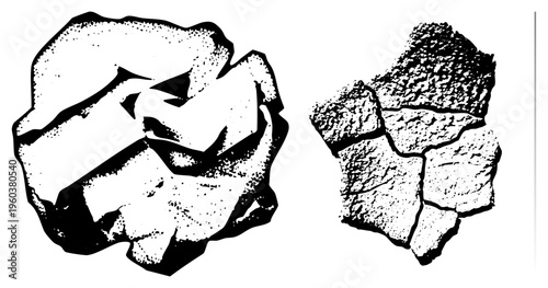 Geological rock pieces with textured surfaces, stone fragments, mineral samples, halftone shading, graphic vector illustration, isolated cutout.