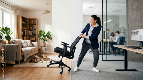 Conceptual image of a professional woman pulling her office chair from home to a corporate office, representing the struggle of returning to work.