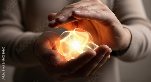 Human Hands Holding a Swirling Core of Luminous Energy Abstract Concept of Potential Power and Inner Strength