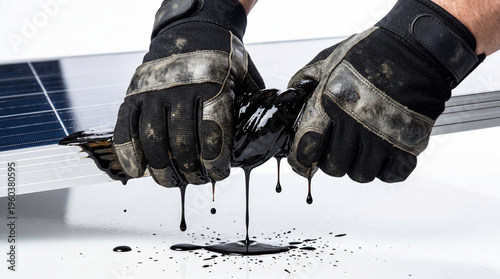Conceptual close-up image of gloved hands wringing black oil from a solar panel, representing the energy transition struggle.