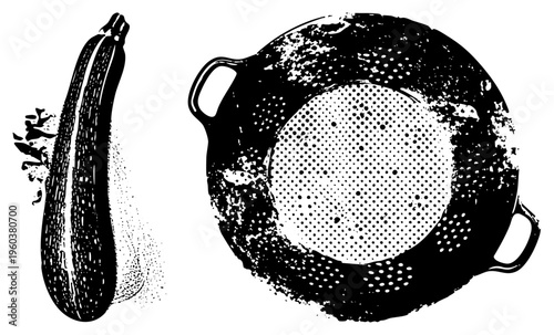 Black and white halftone zucchini with leaves and rustic colander, vector kitchen tools, food prep graphic, culinary illustration, art.