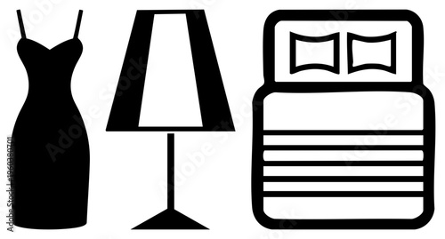 Black of feminine dress, table lamp, and bed with pillows bedroom decor, nightstand lighting, sleepwear symbol, vector flat design.