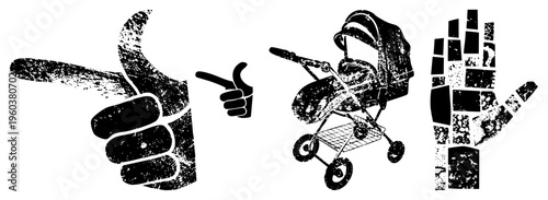 Distressed black vector featuring thumbs up, pointing finger, baby stroller, and mosaic hand urban street art style, graphic design elements, gritty textures, isolated symbols.