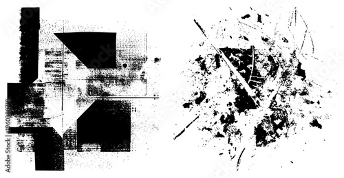Fragmented black shapes with grainy halftone texture, abstract composition, graphic design elements, vector art, digital illustration, minimalist chaos.