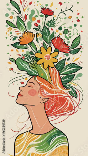 Woman with flowers and leaves growing from her head in a colorful design during daytime in an artistic style