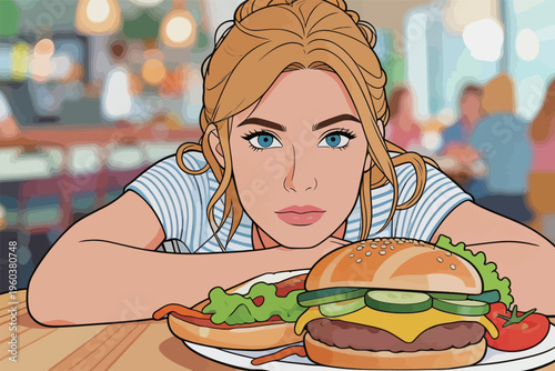 Woman looks at food in a restaurant during lunch hour while waiting for the meal to be served with friends nearby