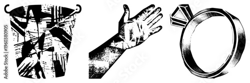 Abstract vector symbols featuring a bucket with handles, an open hand, and a ring with gemstone all rendered in high contrast halftone and bold, ideal for graphic design or UI elements.