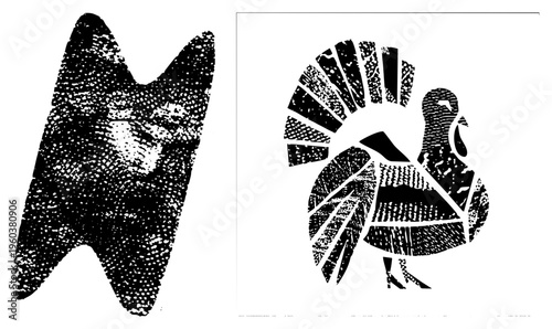 Stylized turkey with textured feathers, halftone bird, graphic design element, vector art, black and white illustration, print ready silhouette.