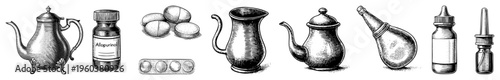 Hand drawn vector illustration of historical medical containers, allopurinol pills, vintage teapots, and eyedrops bottles, rendered in classic engraved style with hatching for shading.