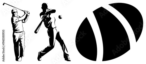 Golf swing and baseball bat swing in black silhouette, athletic figures, sport, vector art, isolated foreground.