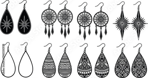 Collection of decorative dangle earrings in various black and white patterns