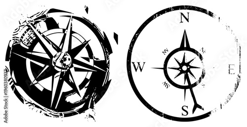Grunge style compass rose with cardinal points, weathered texture, directional arrows, nautical navigation symbol, vector design.