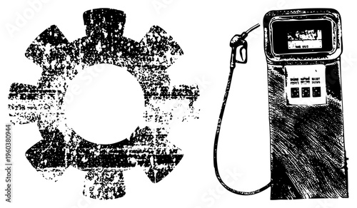 Retro fuel dispenser with nozzle and display, mechanical gear with textured strokes, industrial vector art, black ink sketch style, mechanical illustration.