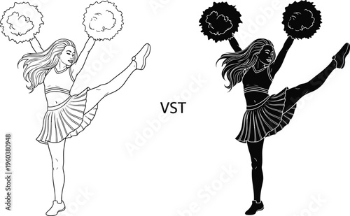 Cheerleader with pompoms performing high kick silhouette and outline illustration