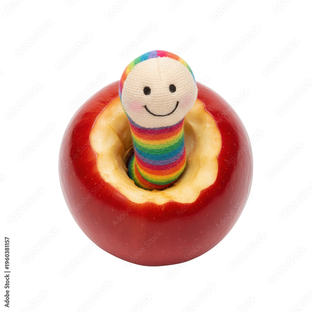 Obraz premium Cute Rainbow Worm Emerging From a Red Apple