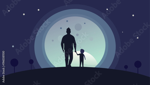 A man and a child looking out at the moon