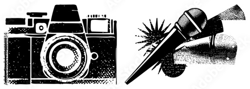Retro camera and microphone rendered in halftone, vector illustration, graphic design elements, studio equipment, tools, art.