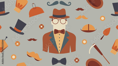 A cartoon man with a hat and glasses surrounded by accessories