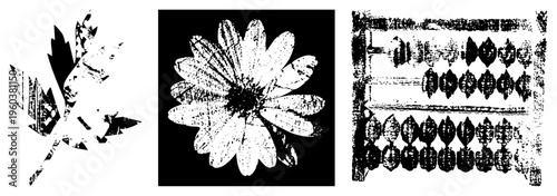 Stylized halftone maple leaf, daisy flower, and abacus with textured dots, vector graphic,, isolated design elements.
