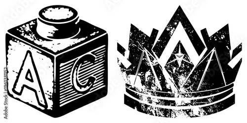 Classic wooden alphabet block showing letter A and C, paired with stylized crown emblem, educational toy, retro design, child development tool, learning aid.