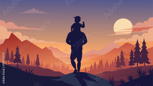 Man carrying a child on his shoulders looking at a mountain range