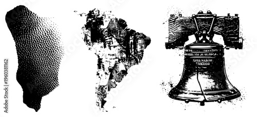 Liberty Bell rendered in halftone, paired with textured silhouettes of Israel and Brazil, vector, symbolic representation, historical artifact, cultural emblem.