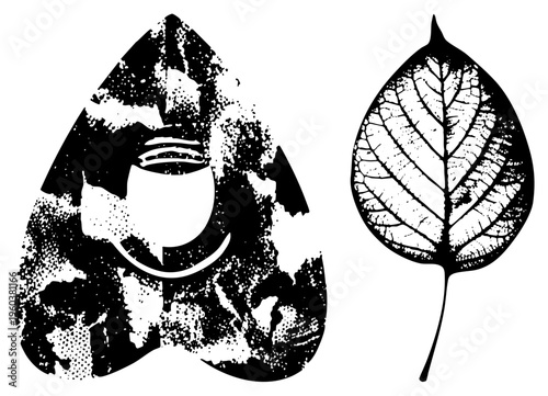 Stylized leaf with vein texture and coffee cup in distressed halftone, vector illustration, botanical and beverage, black and white graphic design.