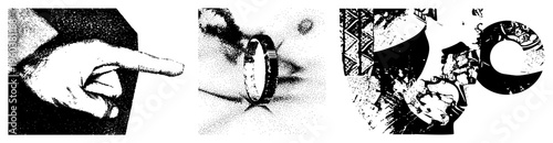 Pointing finger gesture directing attention, hand, directional symbol, halftone graphic, vector illustration, minimalist design, UI element.