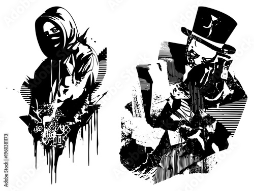 Hooded figure with dripping ink effects, top hatted villain with striped shading, graphic illustration, bold, comic book style, stylized antagonists.