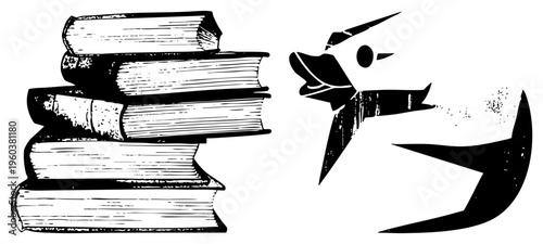 Stylized dog silhouette with expressive eyes and sharp, paired with stacked books with textured pages, vintage ink drawing, educational mascot, study companion.