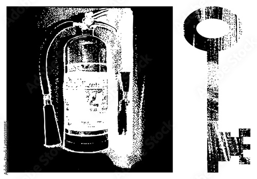 Vintage fire extinguisher with nozzle and handle, halftone dot, paired with ornate antique key, graphic design element, safety, isolated objects.